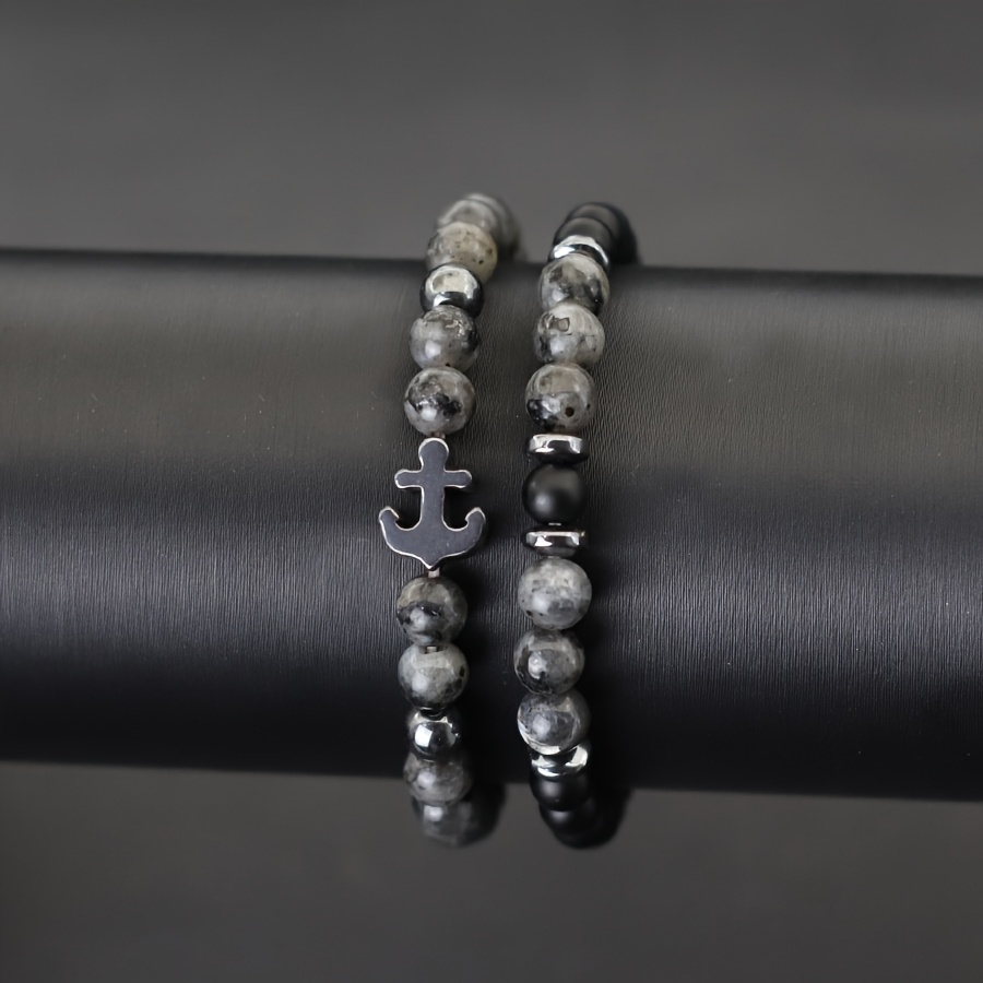 2pcs Vintage Stone Beads Stackable Anchor Bracelets for Men